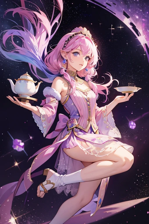 Meloarabian resembles Melodytchi, but with purple stars on her ears, pink hair, and different clothes. She has a flying carpet that is purple and has a teapot. SPARKLE; GLITTER