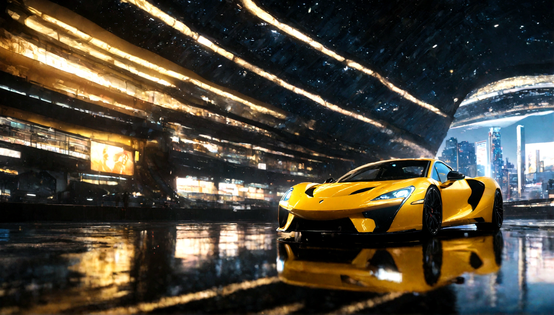a beautiful yellow supercar, city of tokyo in the background, detailed high resolution photo, cinematic lighting, 8k, photorealistic, dynamic composition, vibrant colors, reflection on the car body, depth of field, realistic textures, intricate details, sleek design, futuristic architecture, ultrawide angle, dramatic sky