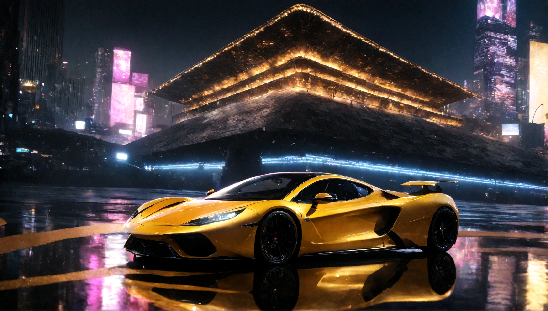 a beautiful yellow supercar, city of tokyo in the background, detailed high resolution photo, cinematic lighting, 8k, photorealistic, dynamic composition, vibrant colors, reflection on the car body, depth of field, realistic textures, intricate details, sleek design, futuristic architecture, ultrawide angle, dramatic sky