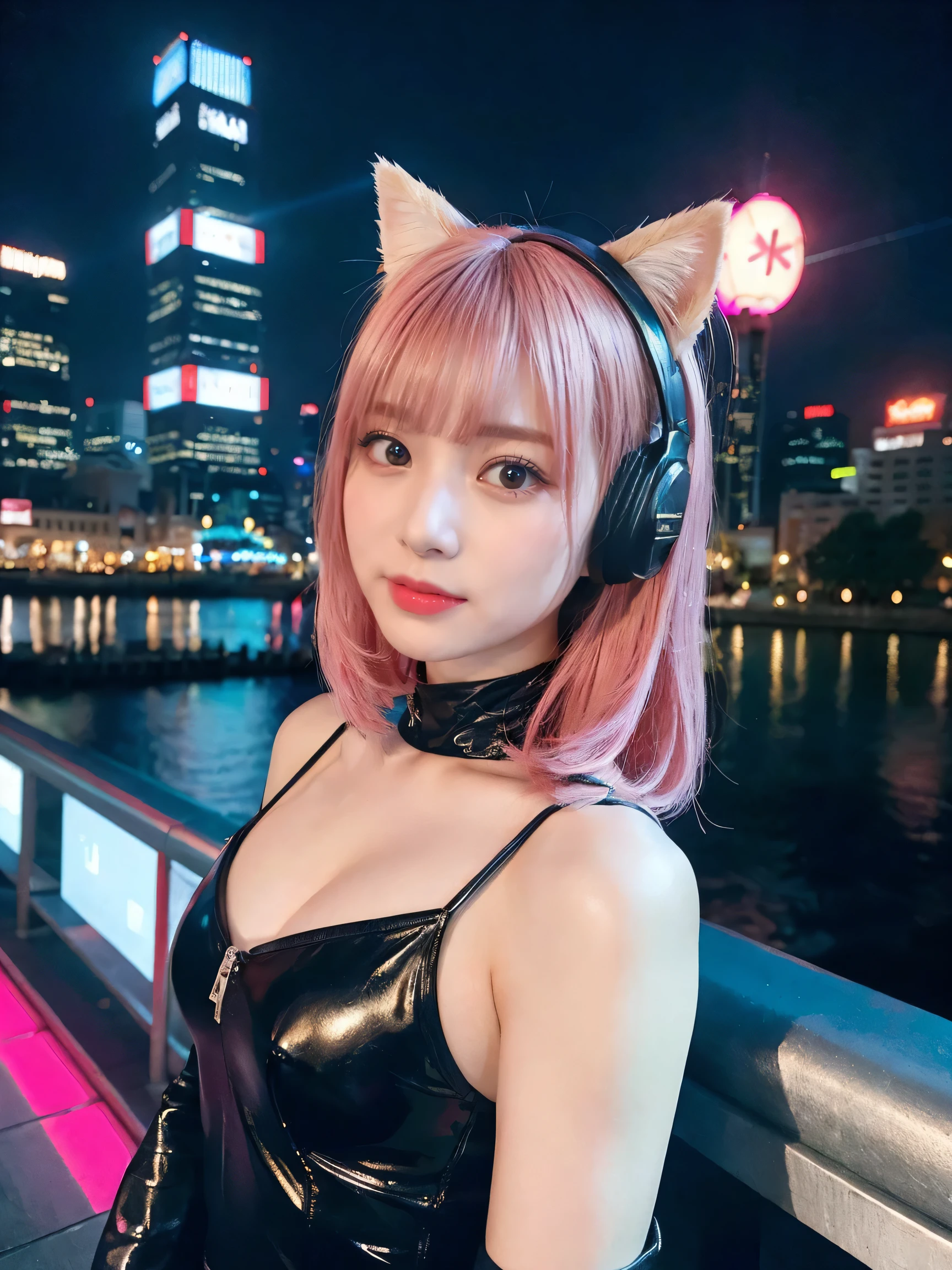 最high quality, masterpiece, 32k、Very detailed、Realistic、1 girl, Japanese women、Cute Face, (photo Actual:1.3),Bob Hair(red pink hair color、Pink Hairstyles)、Edge lighting, (Skin with attention to detail:1.2), 8k超High resolution, Single-lens reflex camera, high quality, High resolution, 4K, 8k, Optimal ratio of four fingers to one thumb, (Actual:1.3), cute 1 girl, Realistic、Super Realistic、32k、Very detailed、masterpiece, 最high quality, beautiful girl, beauty、Mecha, Beautiful lighting, (Neon Light:1.2), (night:1.5), leotard、Deluxe、Cyberpunk Costume、Big Breasts(big 、There is a valley)Cat ear headphones、Are standing、Cyber Neon、Future City、Skyscraper、City night、Shanghai、big cities、night scene、Beautiful night scene