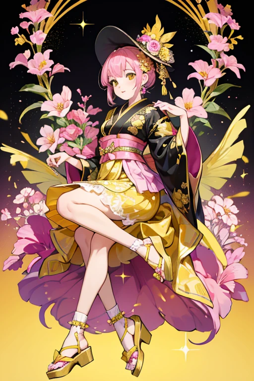 Melody Hime wears an ornate dark pink, yellow, and black kimono decorated with music notes. She also wears yellow slippers and her hat is decorated with pink flowers and yellow embellishments. She is usually accompanied by Doremitchi and Sopratchi who are dressed in maid outfits. SPARKLE; GLITTER