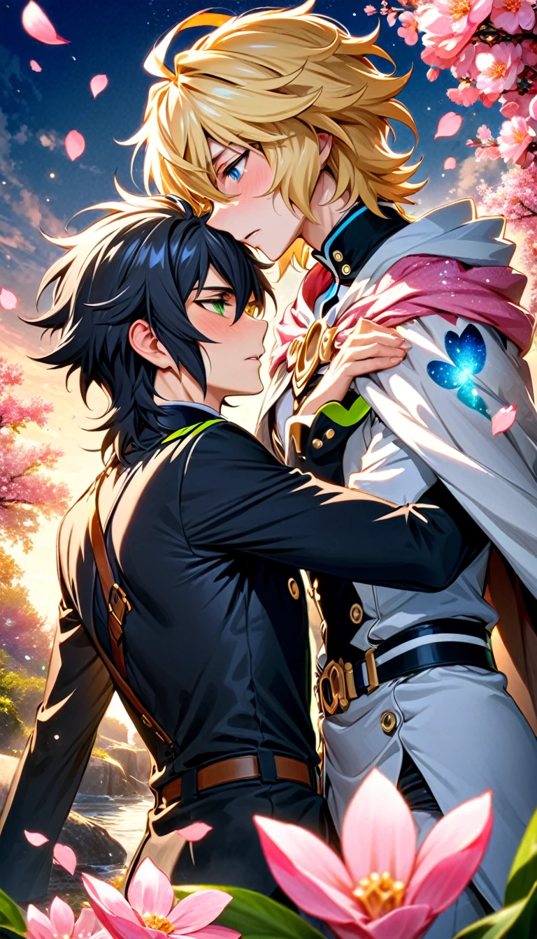 absurdres, highres, ultra detailed, HDR, master piece, best quality, Hyakuya Mikaela, blonde hair, expressive blue eyes, Owari no seraph, Hyakuya Yuichiro, black hair, expressive green eyes, two sexy men together, gay couple, yaoi, handsome, black clothes, white clothes, cape, magical, fantasy, shining, pink flowers, pink blossoms, pink butterflies, pink petals, water