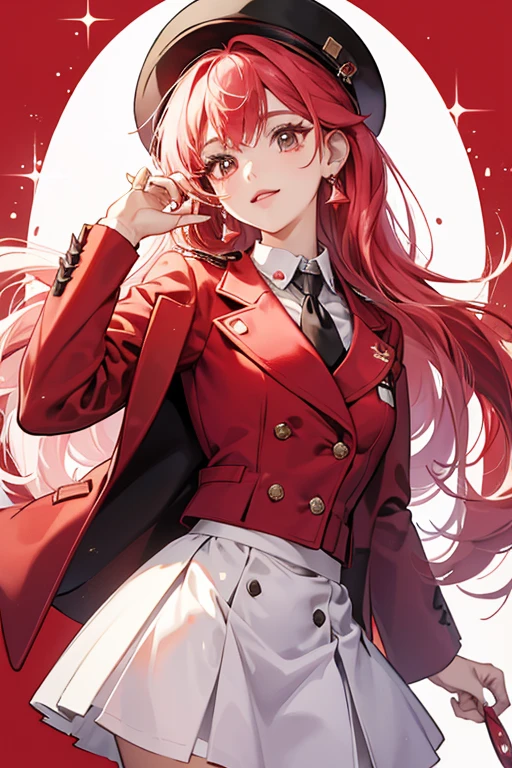 Melody Investigator wears a white collar shirt under a red jacket, and a matching red skirt. She retains Melodytchi's normal hat and earrings, as well as (during her first appearances) her Melody Charm. SPARKLE; GLITTER