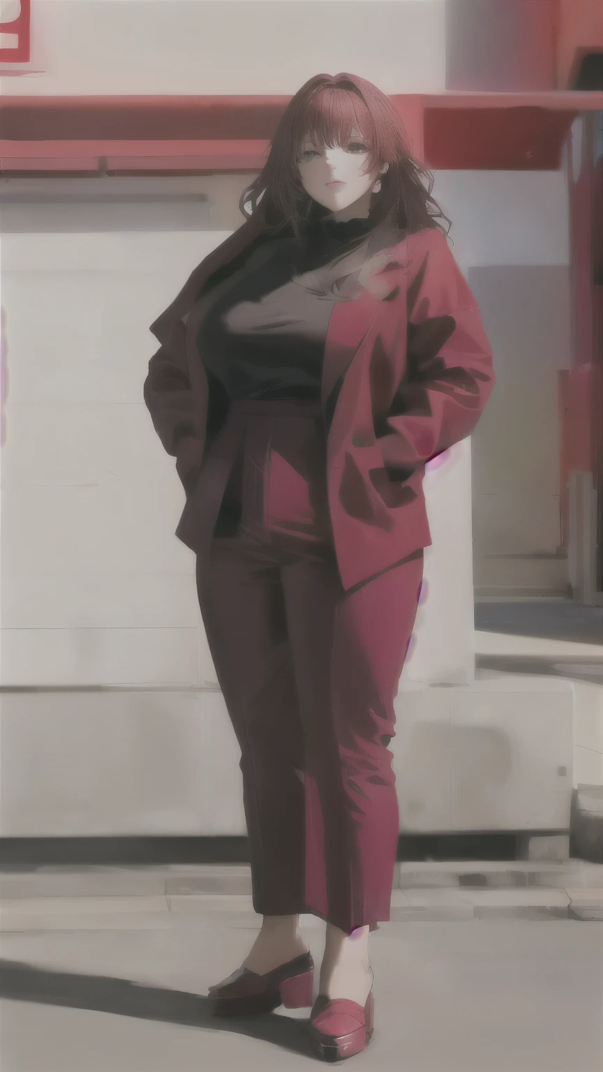 A Woman mexican, 26 years, amasterpiece quality, ultra-detailed, high quality, high resolution full-body photogenic shot of a woman in red pants and a black top standing on a sidewalk. She is wearing a red suit, consisting of red pants and a red blazer, with a black top underneath. The suit is stylish and form-fitting, highlighting her figure. She is wearing black high-heeled shoes, adding to her elegant appearance. The scene is set on a city sidewalk, with urban elements in the background. This is a full body picture, full-body-shot, full body photogenic shot, full body portrait shot of a girl in a suit. The woman is dressed in a striking red and black outfit, creating a captivating full body female portrait. ((high-resolution)), ((detailed)), (stylish outfit), (urban background), (elegant posture).