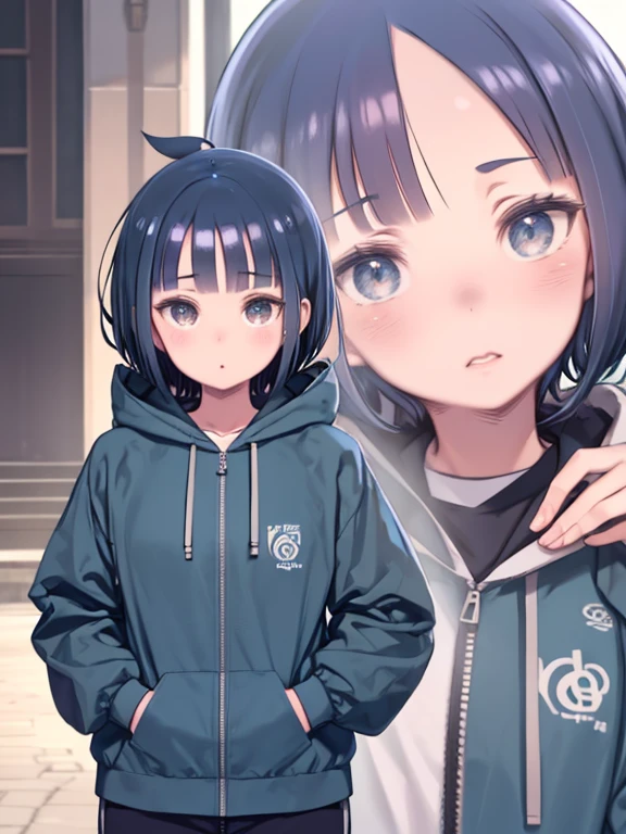 shy, blush, Looking down, throw, In-person audience, Hinata_Hinata, White eyes, No students, short hair, Blue Hair, Blunt bangs, Side Lock, hoodie, Forehead protector, Jacket, Blue pants, Absurd, ultra detailed, masterpiece, highest quality, beautiful, detailed,