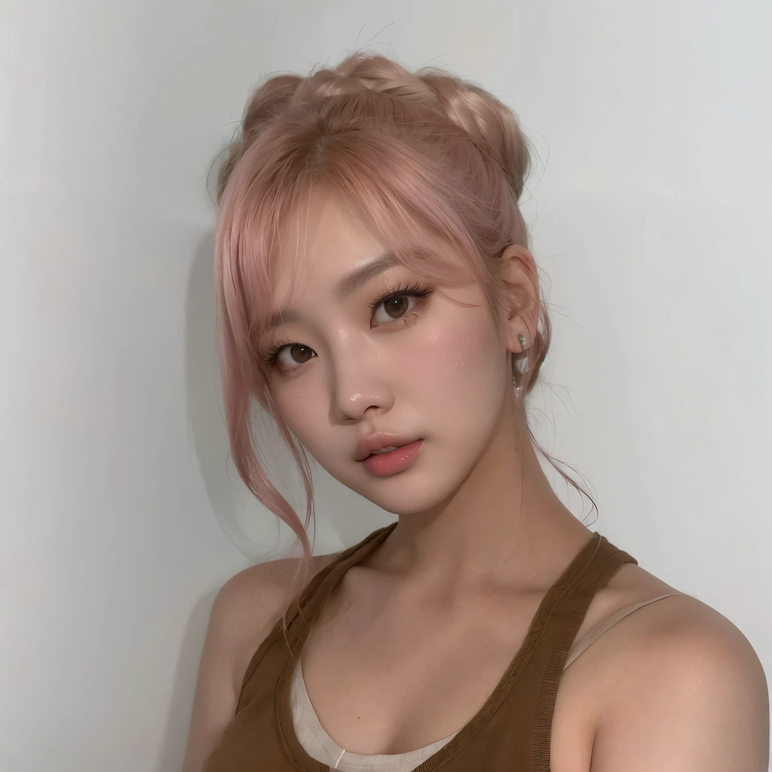 there is a woman con cabello rosado and a brown tank top, muchacha coreana, jinyoung shin, parque roseanne de blackpink, sun yunjoo, Heonhwa Choe, cabello rosado y ralo, con cabello rosado, kim taejin, hermosa mujer surcoreana, pale fur, Lalisa Manobal, jaeyeon nam, foto de perfil en la cabeza, ulzzang