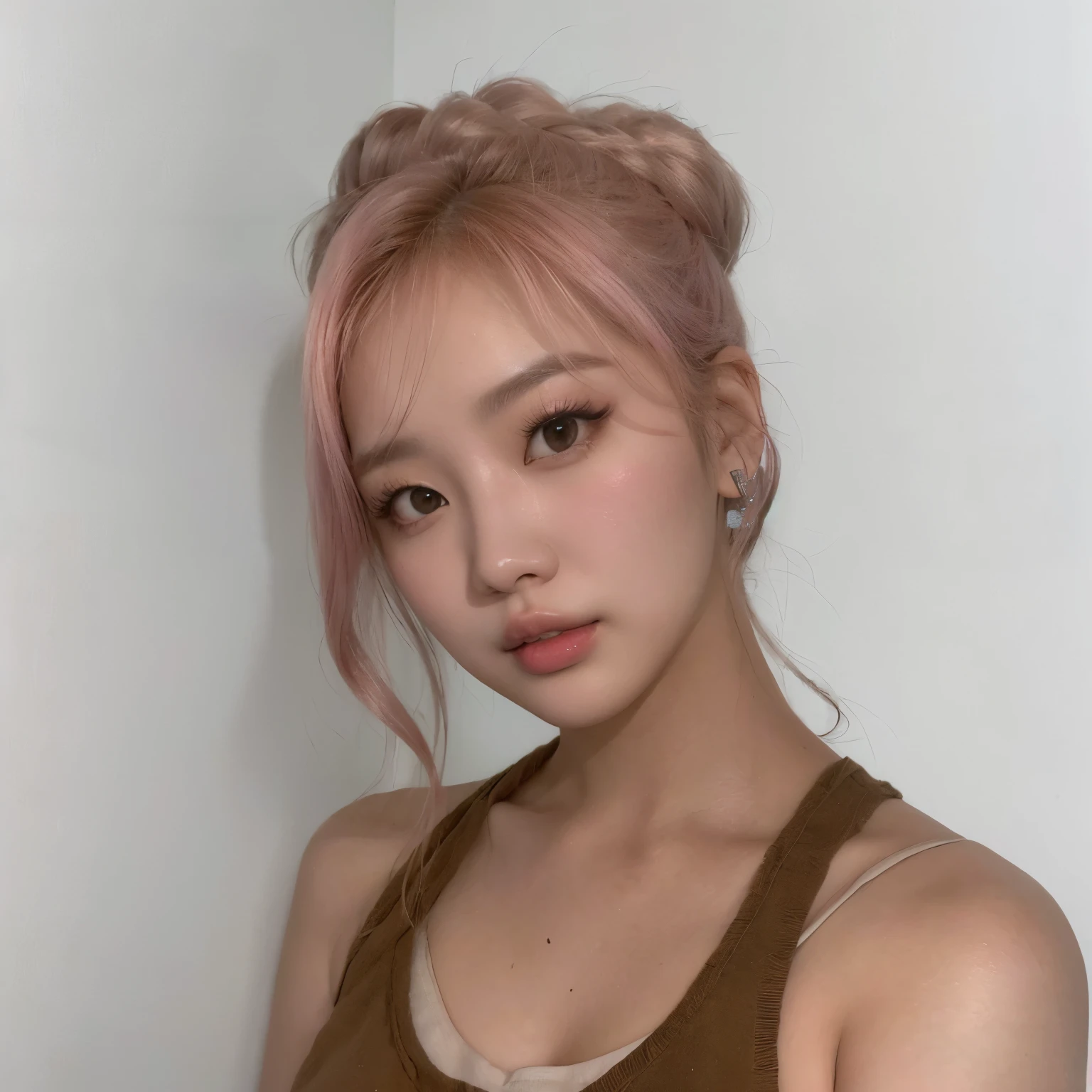 there is a woman con cabello rosado and a brown tank top, muchacha coreana, jinyoung shin, parque roseanne de blackpink, sun yunjoo, Heonhwa Choe, cabello rosado y ralo, con cabello rosado, kim taejin, hermosa mujer surcoreana, pale fur, Lalisa Manobal, jaeyeon nam, foto de perfil en la cabeza, ulzzang