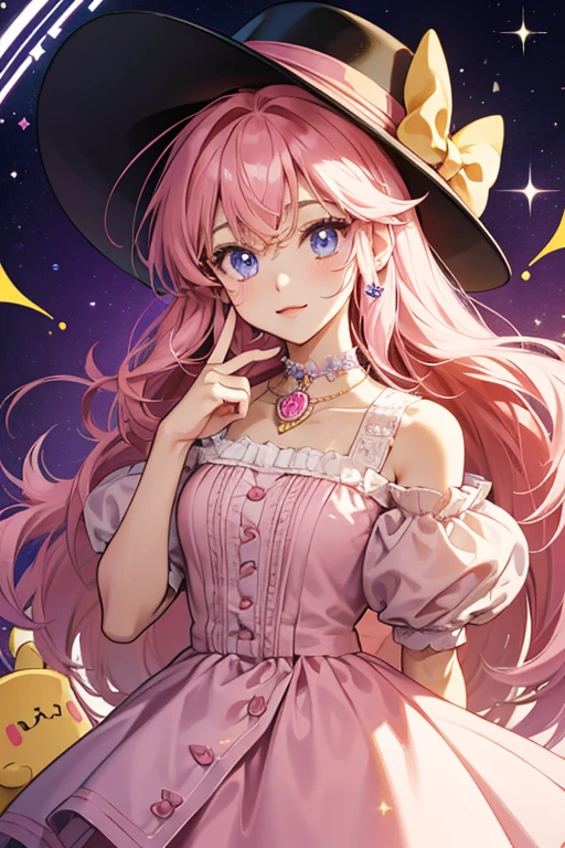 Melodytchi has a round, tan head with bright blue eyes and two pointed cat-like ears, which are hidden under a large, black hat with dark pinkish-red highlights. her original initial apparel consists of a beamed note brooch on her hat colored pinkish-purple, a pinkish-red dress, and a light pink quaver note necklace around her neck. When Melodytchi debuted in the Tamagotchi! Anime, the original colors of her beamed note brooch and her quaver note necklace were colored purple. SPARKLE; GLITTER