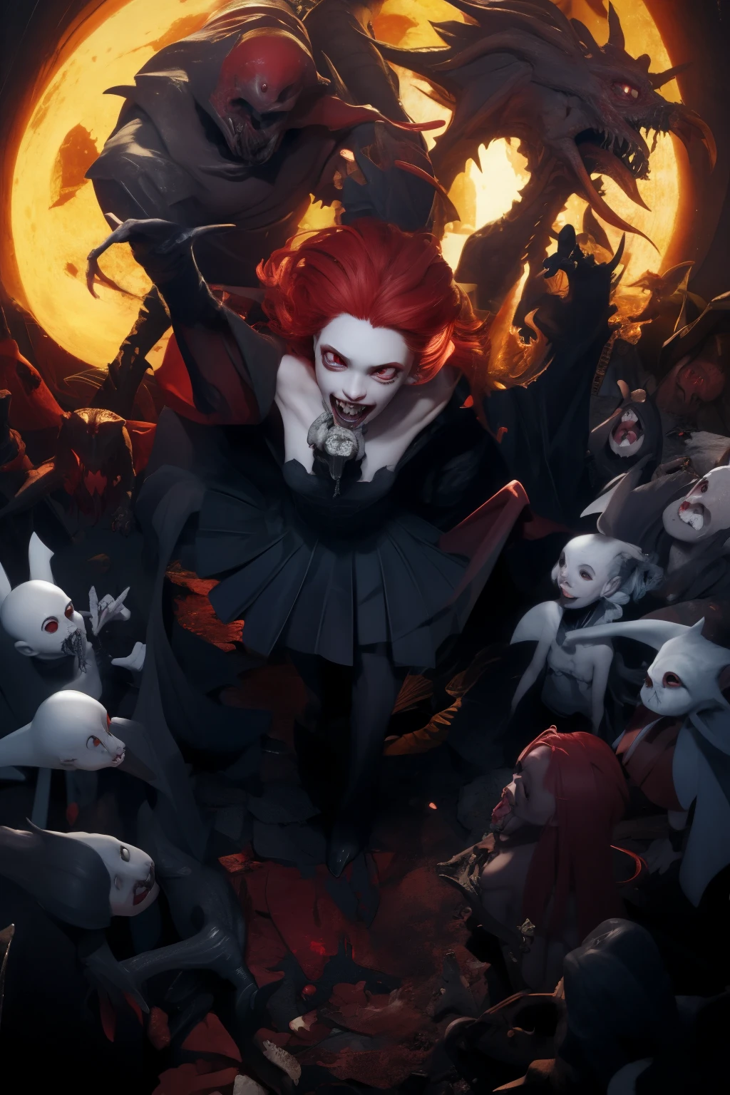 All childrens vampire hungry,red haired,creepy red eyes,fangs,pale skin,red wine claws,creepy white dress,bed,children,vampire,thin body,nice hands,nice fingers,nice legs,nice mouth,nice face,nice body,perfect anatomy,creatures, game, creature, best quality, trending on artstation,vampire infected,goth,lurid,view from above,looking up,hands up,mouth blood