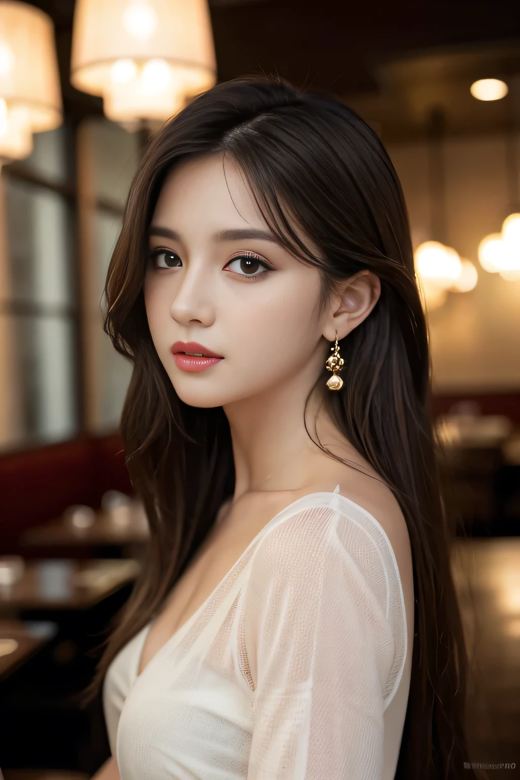 masterpiece, highest quality, Realistic, Very detailed, Finer details, High resolution, 8k wallpaper, One beautiful woman, Wear a black see-through shirt, In a great restaurant, At night, Light brown messy hair, Perfect dynamic composition, Beautiful and beautiful eyes、Big earrings
