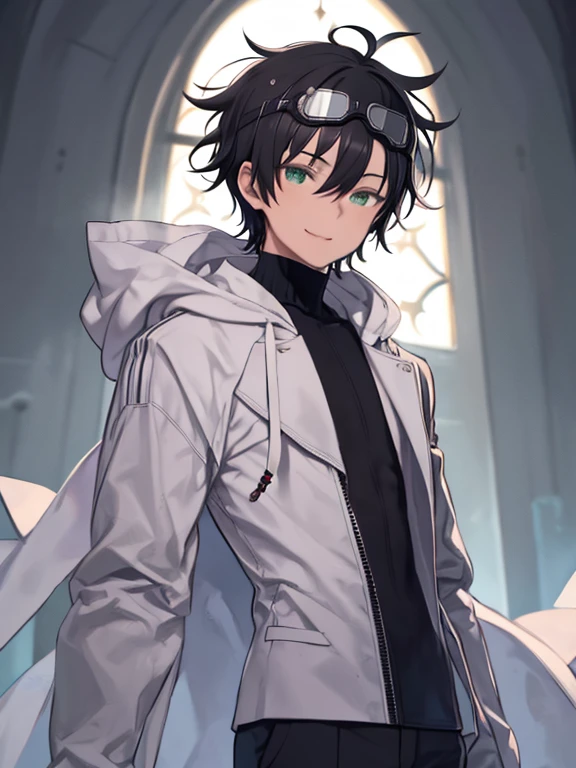 Super detailed, masterpiece, highest quality, alone, smile, One boy, Green Eyes, short hair, Black Hair, bangs, Hair between the eyes, Messy Hair, Put goggles on your head, head band, White coat, Hooded coat, Lower the hood, Open Court, turtleneck, capri pants, pants, Black knee boots,