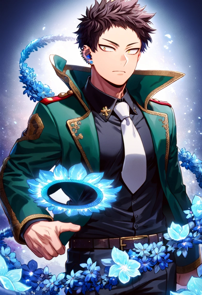Ultra detailed, Highres, absurdres, HDR, Chisaki Kai, Overhaul, dark brown hair, short hair, short bangs, expressive golden eyes, Boku No Hero Academia, blue flowers, petals, handsome, sexy man, solo, very detailed eyes and face, glittering, master piece, toned chest, fantasy, cross, best quality, dark oliver-green jacket with fur, white necktie, black shirt, black pants, blue background, blue flames, piercing on his left ear