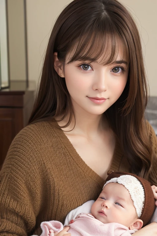Caucasian、female、Brown Hair、Holding a baby
