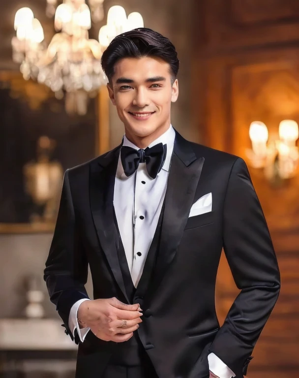 araffe dressed man in a Tuxedo posing for a picture, Handsome and elegant, wearing Tuxedo, wearing a Tuxedo, handsome man, formal wear, Tuxedo, Black tie, handsome man, ornate black Tuxedo, suit ， perfect face, With a graceful smile, man in black suit, men in Tuxedos, Formal attire, Handsome and charming, elegant suit