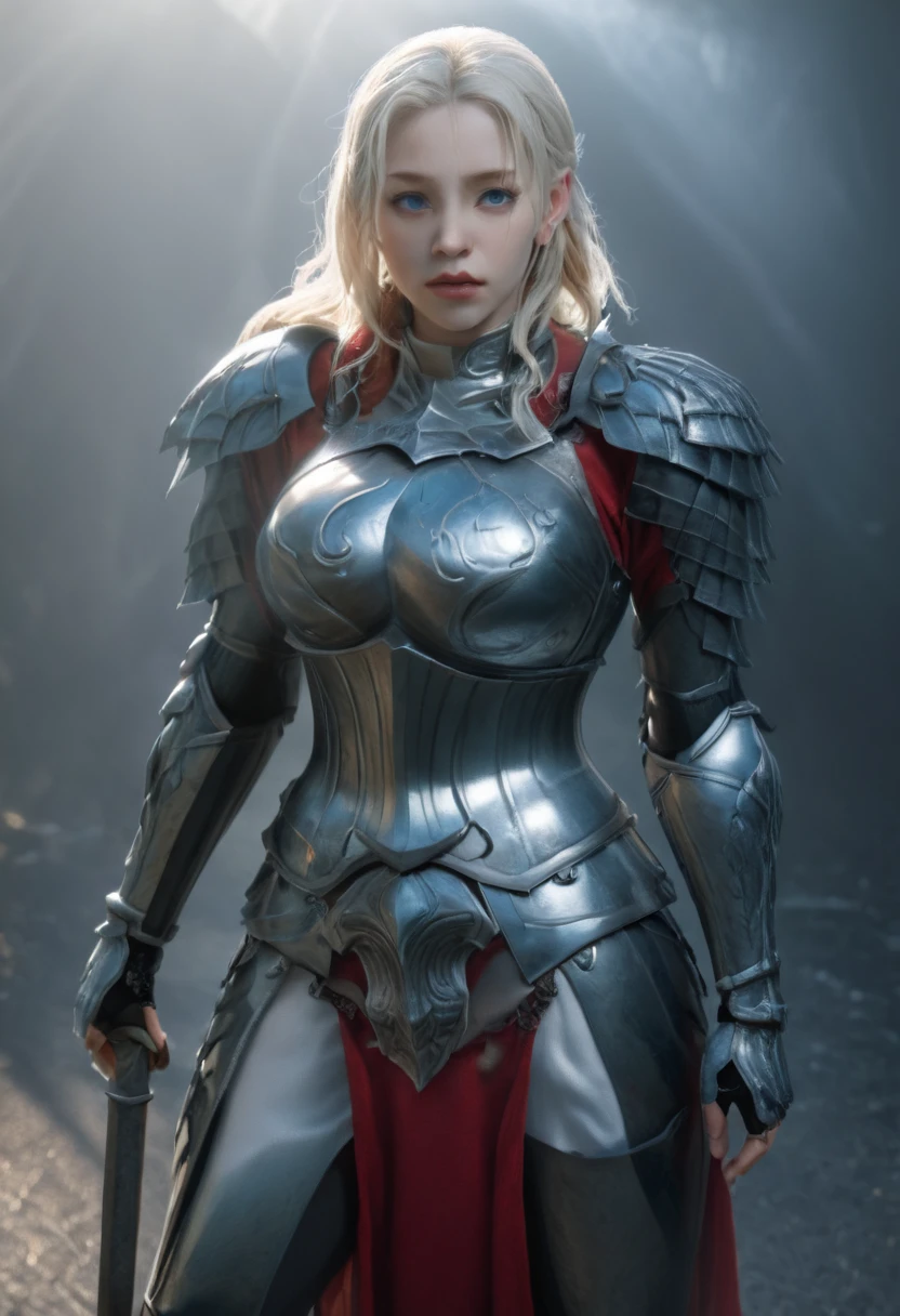 8k、Masterpiece、A midget woman with lush platinum blonde hair,blue eyes、Wearing silver armor with red detailing, Big Breasts,Bust Shot、With a big battle axe、Sensual Body、Glamour