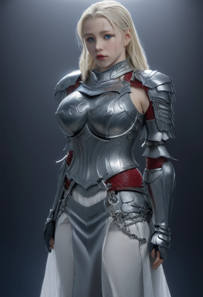 8k、Masterpiece、A midget woman with lush platinum blonde hair,blue eyes、Wearing silver armor with red detailing, Big Breasts,Bust Shot、With a big battle axe、Sensual Body、Glamour