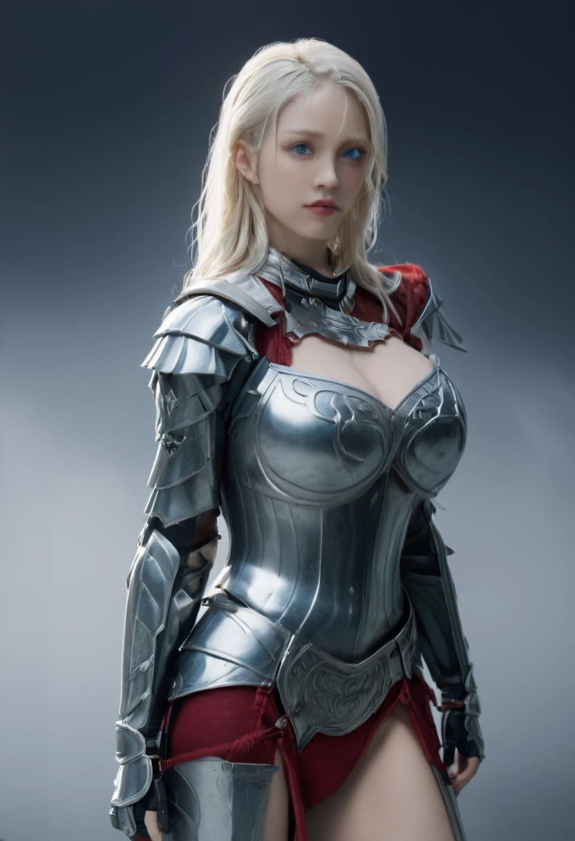 8k、Masterpiece、A midget woman with lush platinum blonde hair,blue eyes、Wearing silver armor with red detailing, Big Breasts,Bust Shot、With a big battle axe、Sensual Body、Glamour