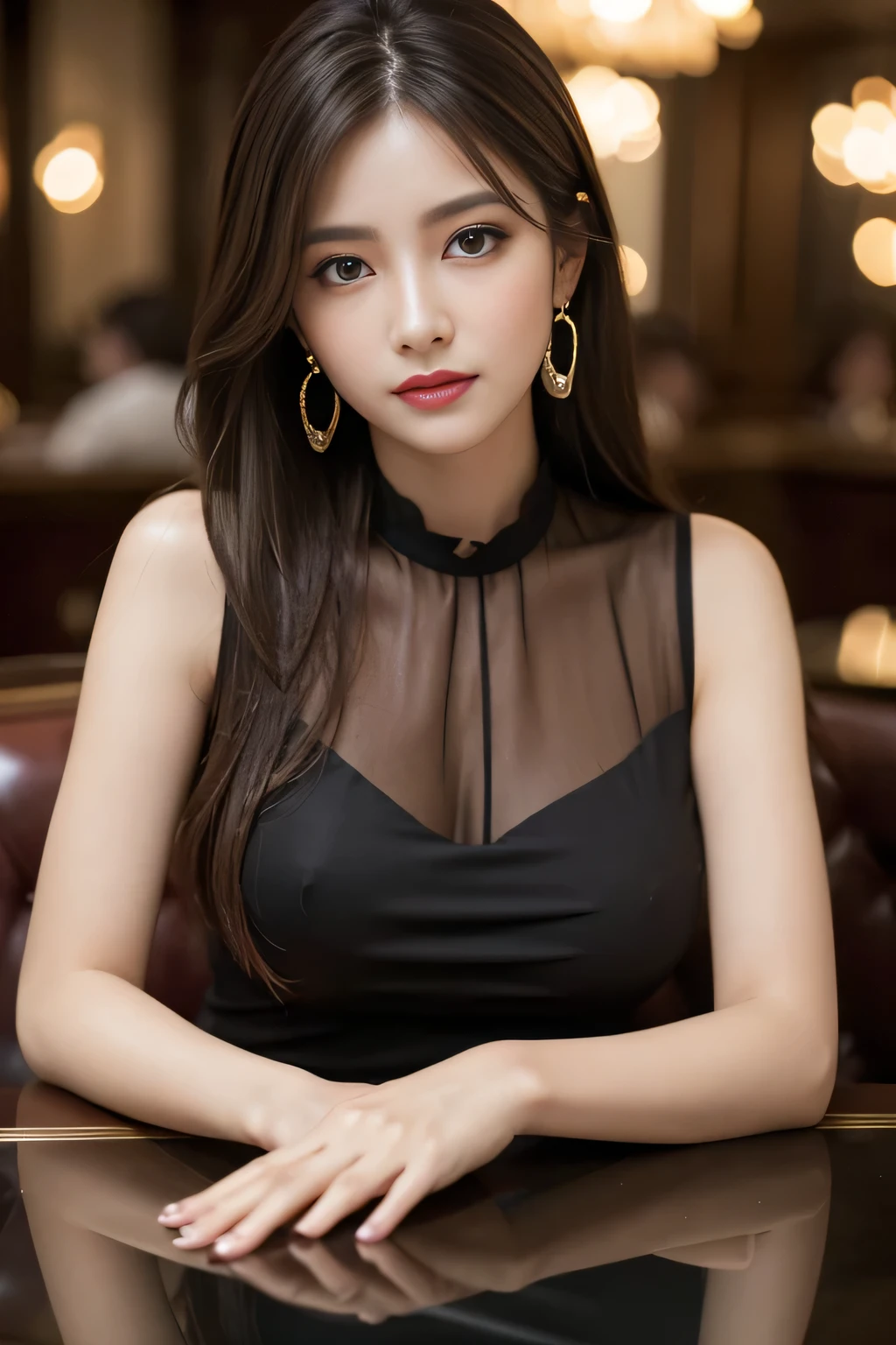 masterpiece, highest quality, Realistic, Very detailed, Finer details, High resolution, 8k wallpaper, One beautiful woman, Wear an elegant black see-through blouse, In a great restaurant, At night, Light brown messy hair, Perfect dynamic composition, Beautiful and beautiful eyes、Big earrings、Sleeveless shirt、