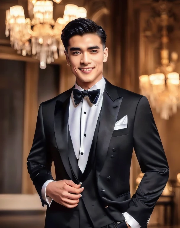 araffe dressed man in a Tuxedo posing for a picture, Handsome and elegant, wearing Tuxedo, wearing a Tuxedo, handsome man, formal wear, Tuxedo, Black tie, handsome man, ornate black Tuxedo, suit ， perfect face, With a graceful smile, man in black suit, men in Tuxedos, Formal attire, Handsome and charming, elegant suit