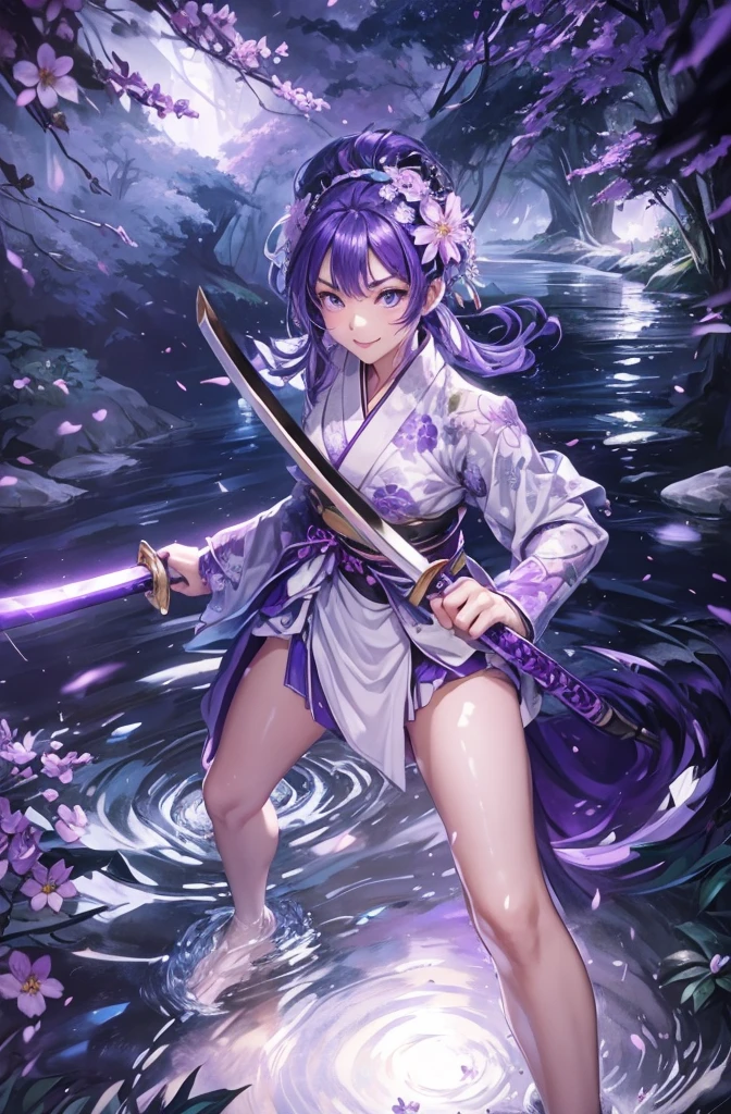 The naginata he holds in both hands glows purple..、Fearless Smile、Relaxed facial expression、Intimidating、Shiny、Fascinating、The sleeves of the kimono are also white with a floral pattern.、Standing barefoot in the river、No footwear、The gentle flow of the river、Ripples on the river、Do not change your right wrist、Do not change left wrist、Do not change the fingers on your right hand、Do not change the fingers on the left hand、Don't change the way you hold the sword、Right wrist as it is、Left wrist as is、The right hand remains a fist.、The right hand is clenched、Do not extend the fingers of your right hand、Do not extend the fingers of your left hand、The fingers of the left hand are clenched、Standing with nothing on、The river flows gently from the other side to the front.、The river is shallow、The river is shallow、The river is ankle-deep、The river is deep enough to cover the soles of your feet.、Narrow river、The river is narrow、Cherry blossoms blooming on the riverbank、The thighs are exposed、The skin on the thighs is visible、No clothes on the feet