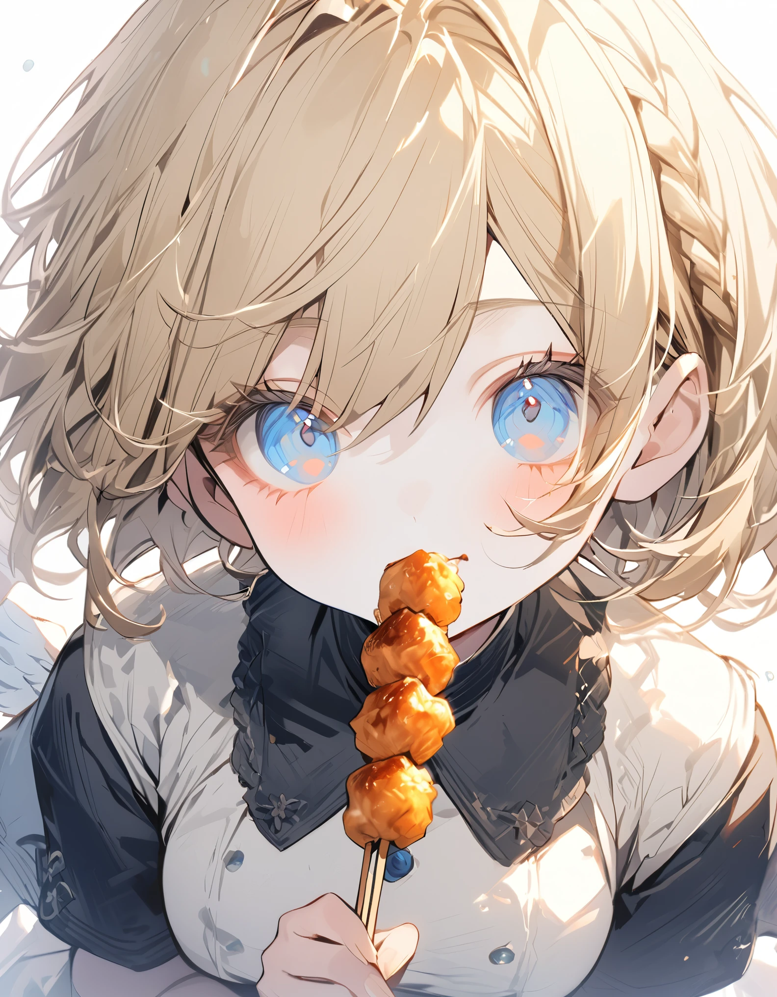 (anime:1.8)One girl,Navy blue original uniform ( Girl:1.5), (blonde:1.5)(eyelash:1.2)(eye shadow:1.3) (Blue eyes:1.5), (Beautiful fine details:1.4) (Short Bob Hair:1.4), (Blue eyes)(Big Breasts:1.3) (White skin:1.2)Height: 130cm, original character, Fantasy,He happily stuffs his cheeks with yakitori.