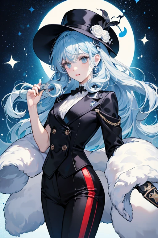 she has pale cream-colored skin and dark round eyes. sHe has fluffy light blue hair with curls resembling a g-clef and eighth note, and a darker blue curly . sHe wears a black hat shaped like a musical note, a red and white suit, and black pants. SPARKLE; GLITTER