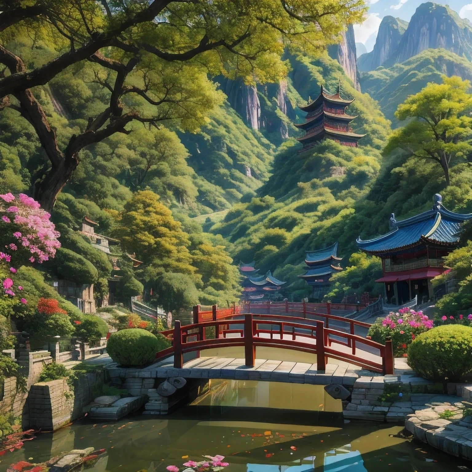 there is a painting of a china garden with a bridge and flowers, scenery artwork, dreamy china town, china 3 d 8 k ultra detailed,china town, oriental scene,china village, oriental wallpaper, inspired by Hiroshi Yoshida, inspired by Yoshida Hanbei, ross tran. scenic background, china landscape, scenery art detaileda