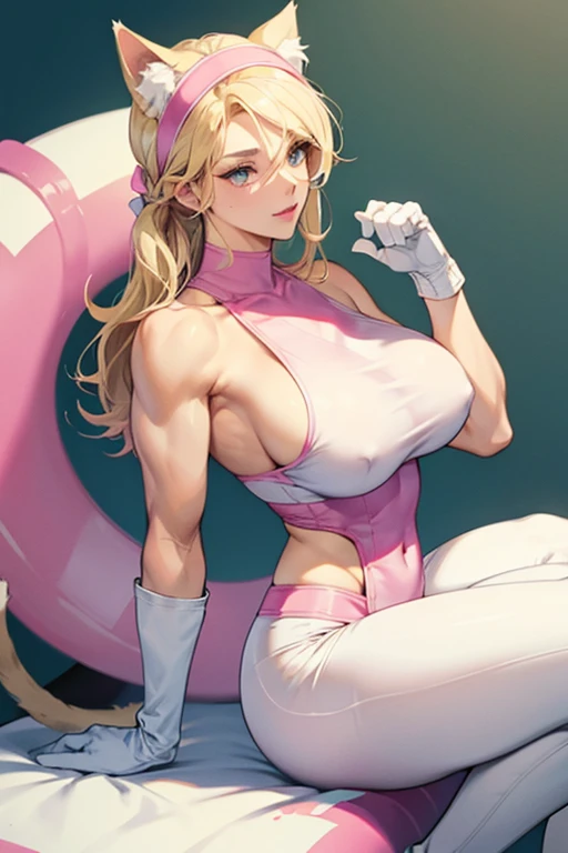 A blonde, muscular, big-breasted MILF wearing a pink tube top, white leggings, white boots, white gloves, and a cat ear headband