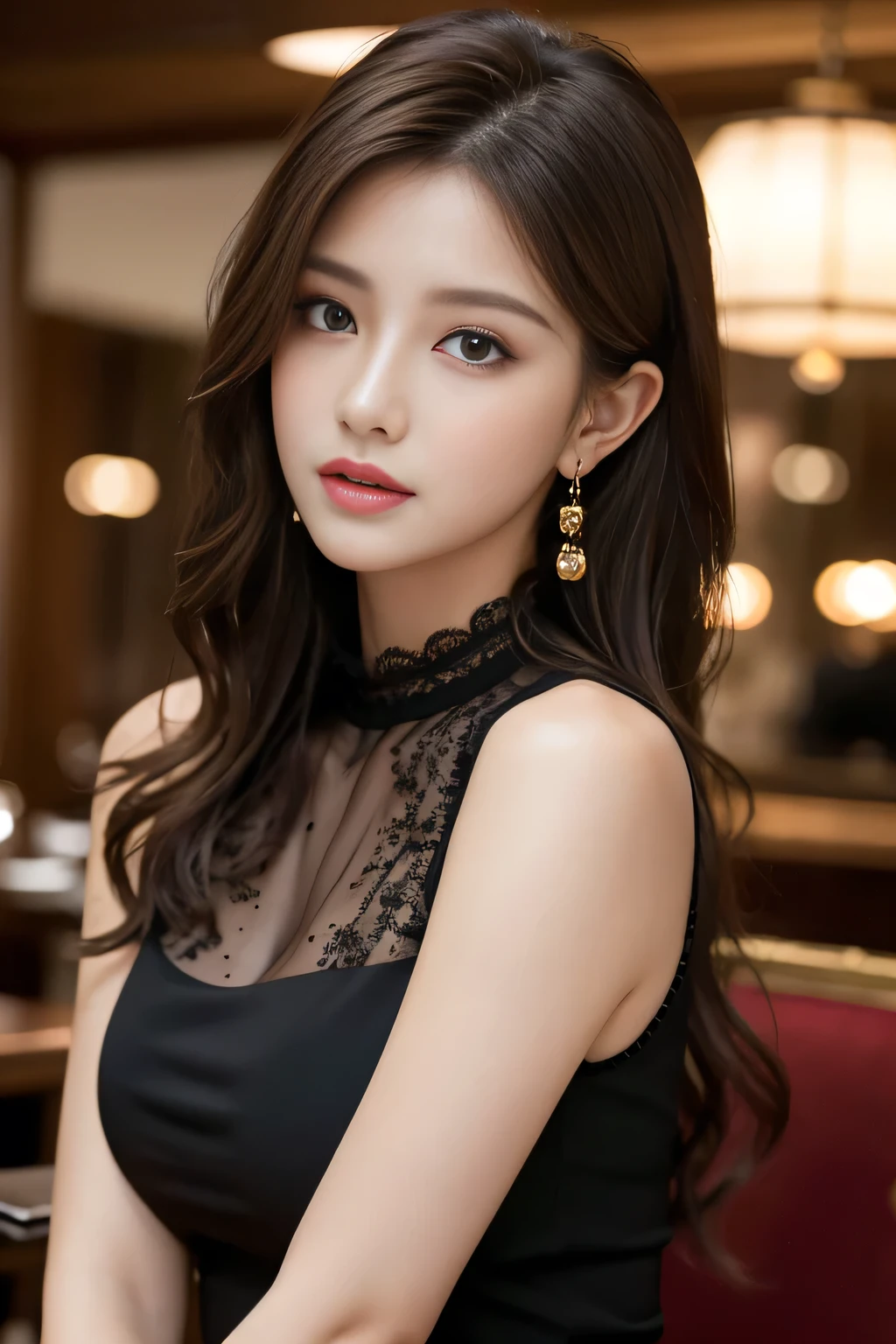 masterpiece, highest quality, Realistic, Very detailed, Finer details, High resolution, 8k wallpaper, One beautiful woman, Wear an elegant black see-through blouse, In a great restaurant, At night, Light brown messy hair, Perfect dynamic composition, Beautiful and beautiful eyes、Big earrings、Sleeveless shirt、
