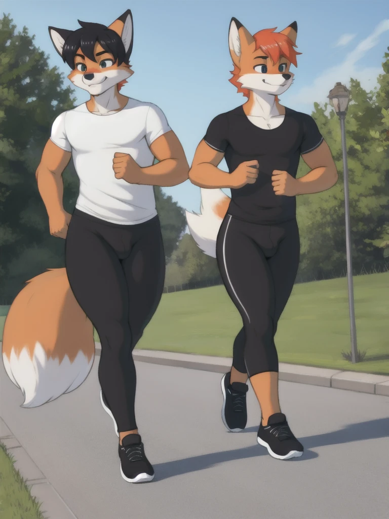 Furry, fox, male, twins, black leggings, white shirt, jogging outside the house, 