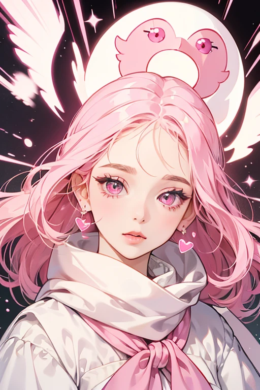 Melulutchi has pale cream skin, pink cheeks, and a pink beak. Her head looks like an envelope with a pink pointed flap. She has oval-shaped eyes with curled eyelashes. She wears a pink scarf with a white heart on it. the back of her head is plain with a black square in the upper left corner. SPARKLE; GLITTER