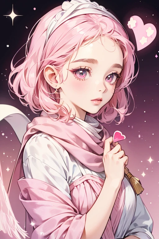 Melulutchi has pale cream skin, pink cheeks, and a pink beak. Her head looks like an envelope with a pink pointed flap. She has oval-shaped eyes with curled eyelashes. She wears a pink scarf with a white heart on it. the back of her head is plain with a black square in the upper left corner. SPARKLE; GLITTER