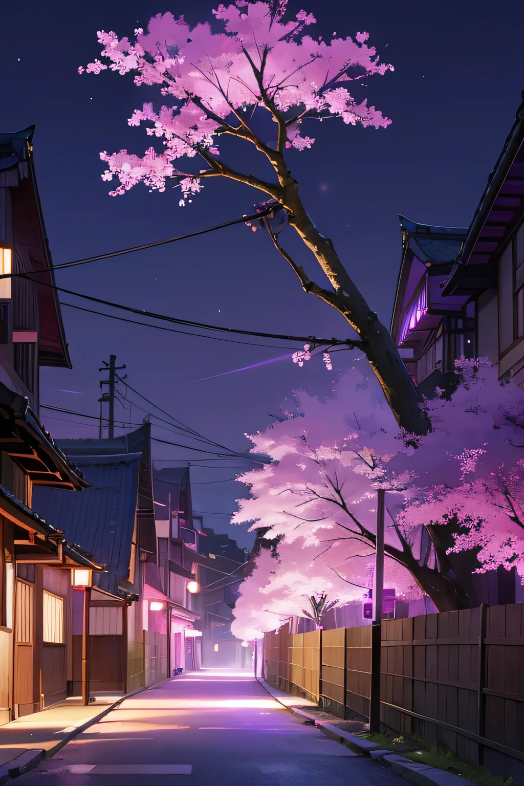 A street lined with Japanese houses (( Pink and purple lighting)) Pink flower tree , performer , Purple night sky , Yellow and Blue