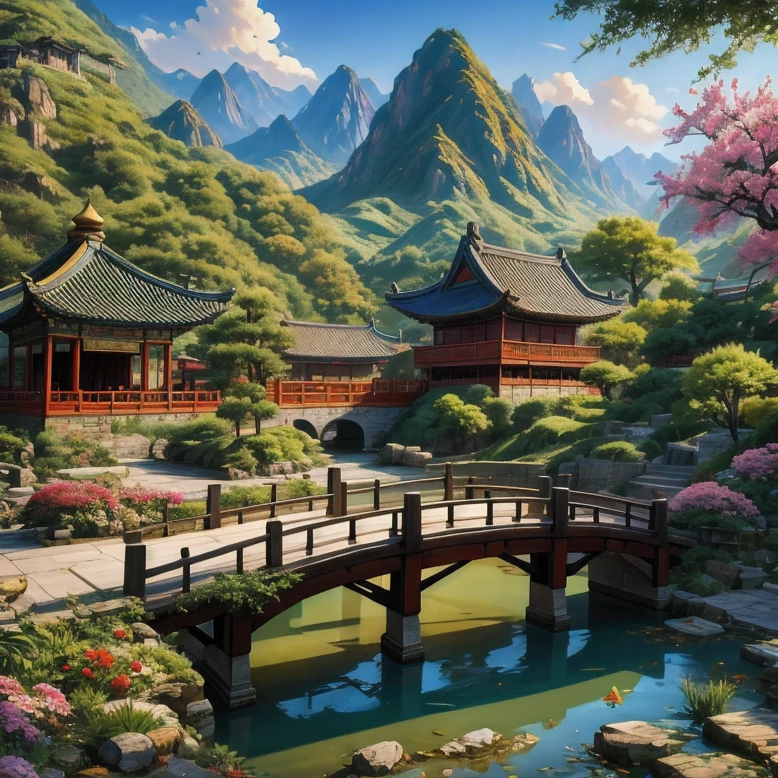 there is a painting of a china garden with a bridge and flowers, scenery artwork, dreamy china town, china 3 d 8 k ultra detailed,china town, oriental scene,china village, oriental wallpaper, inspired by Hiroshi Yoshida, inspired by Yoshida Hanbei, ross tran. scenic background, china landscape, scenery art detaileda