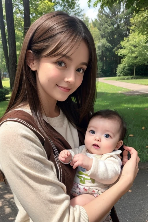 Caucasian、female、Brown Hair、Holding a baby