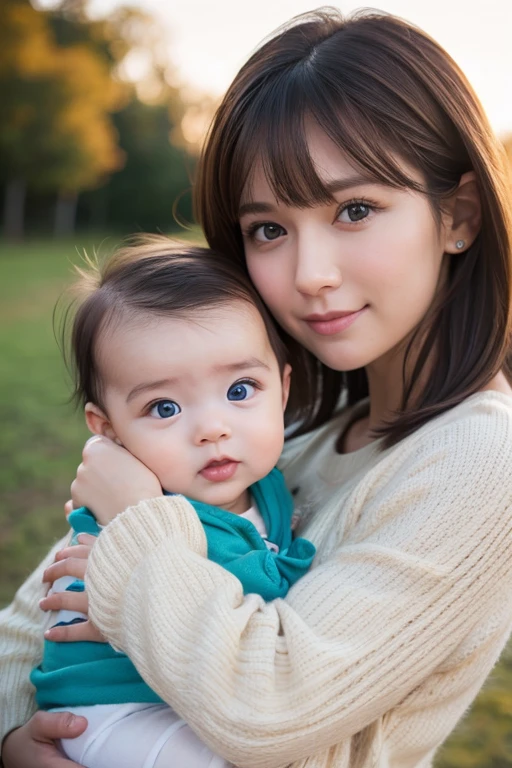 Caucasian、female、Brown Hair、Holding a baby