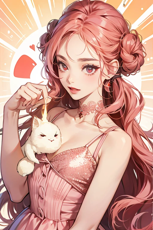 Mememamatchi has a small, cylindrical body with a large, tear-shaped head. Her skin is a light coral color, and she has two curls in each side of her head. Her eyes are long, vertical ovals with eyelashes. She has pink cheeks and red lipstick. She wears a cream colored dress with straps and red buttons. SPARKLE; GLITTER