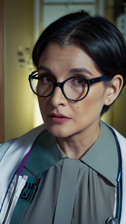 Portrait of a female hyperrealist by David Hockney and Alphonse Mucha, photorealistic, dynamic lighting, art station, poster, volumetric lighting, highly detailed face, 4k, award-winning, 1woman, darkness, deep shadows, low key, portrait, (((((Doctor: 1.4)))), shorthair, black hair, glasses