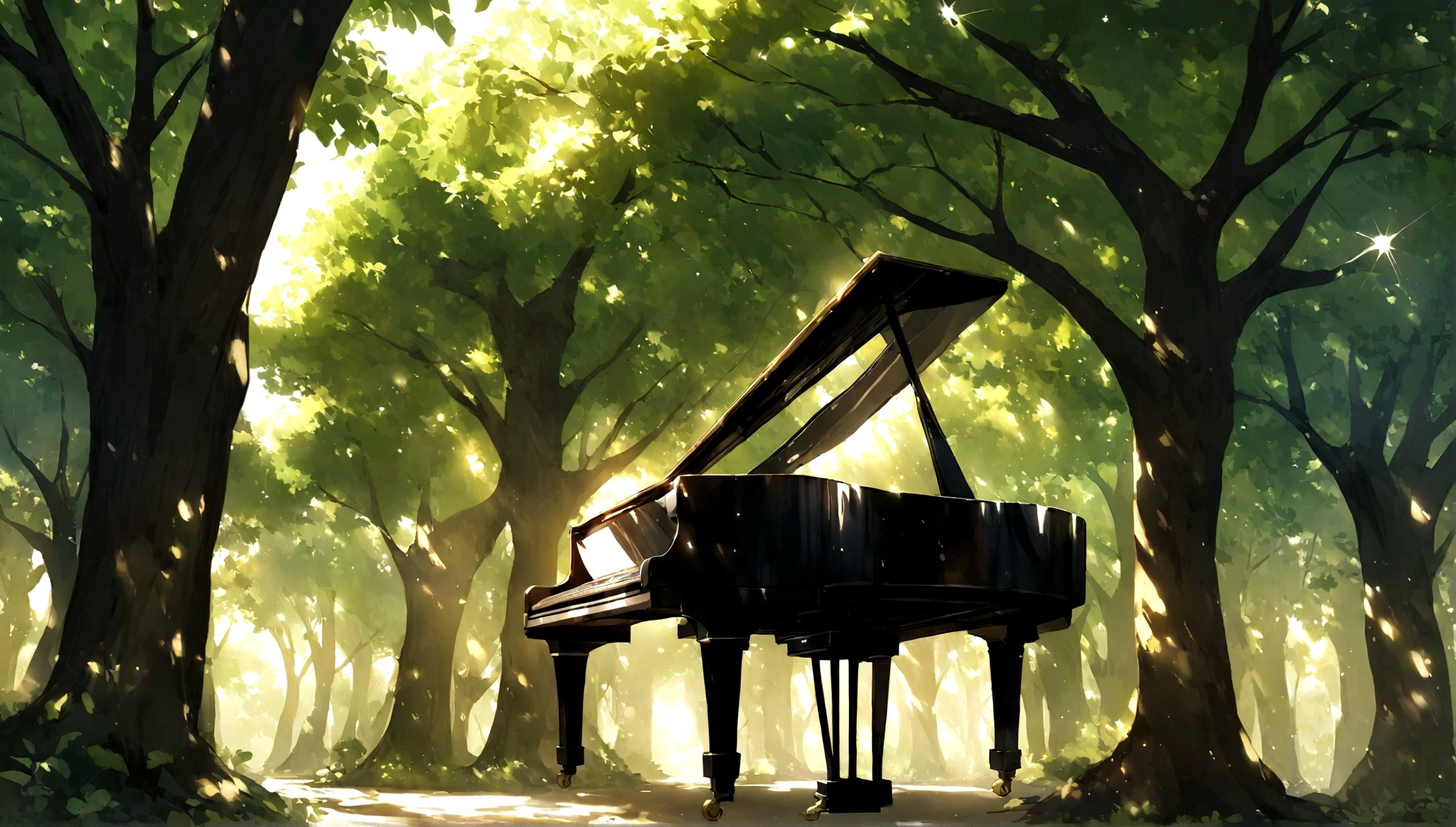 １A grand piano placed under a large book tree、The sunlight filtering through the trees makes it sparkle.