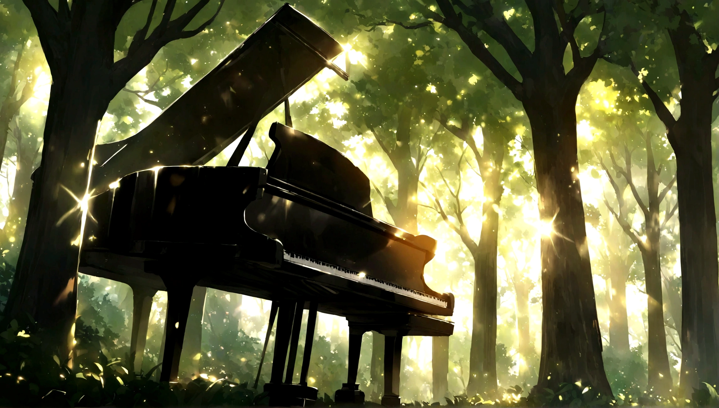 １A grand piano placed under a large book tree、The sunlight filtering through the trees makes it sparkle.