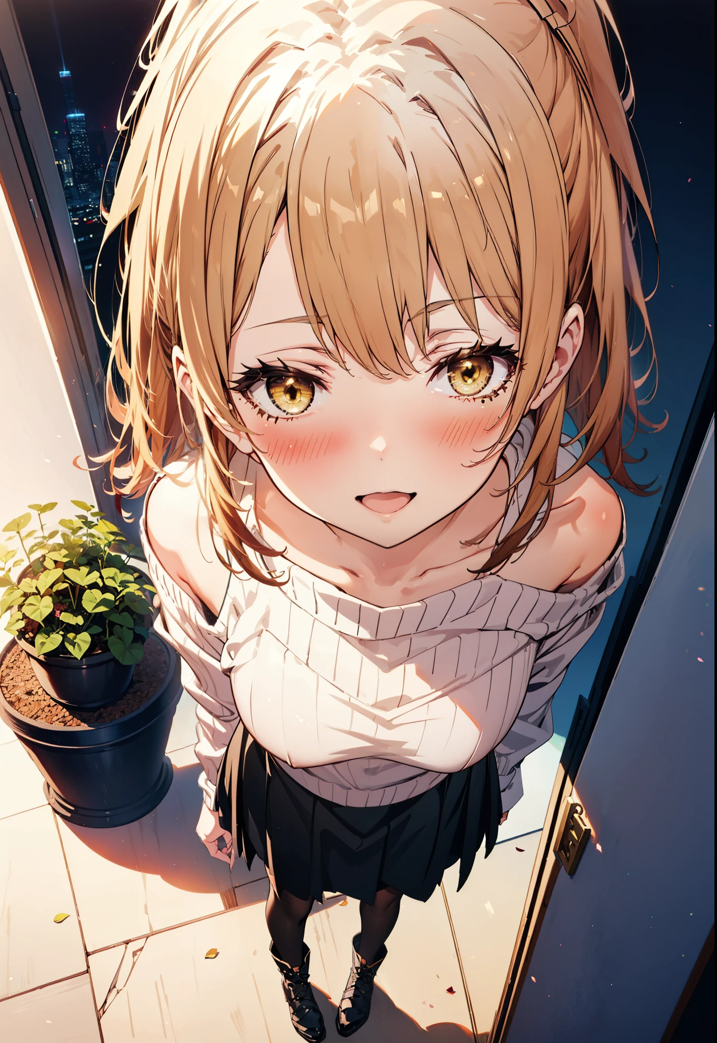 irohaisshiki, iroha isshiki, Long Hair, Brown Hair, (Brown eyes:1.5), happy smile, smile, Open your mouth,Yellow one-shoulder sweater,Black long skirt,Black Pantyhose,short boots,morning,morning陽,The sun is rising,whole bodyがイラストに入るように,walk,
break outdoors, balcony,Balcony, terrace, balcony, Embankment, Huge, Potted plants, Flowers in a vase,
break looking at viewer,whole body,
break (masterpiece:1.2), highest quality, High resolution, unity 8k wallpaper, (shape:0.8), (Beautiful details:1.6), Highly detailed face, Perfect lighting, Extremely detailed CG, (Perfect hands, Perfect Anatomy),