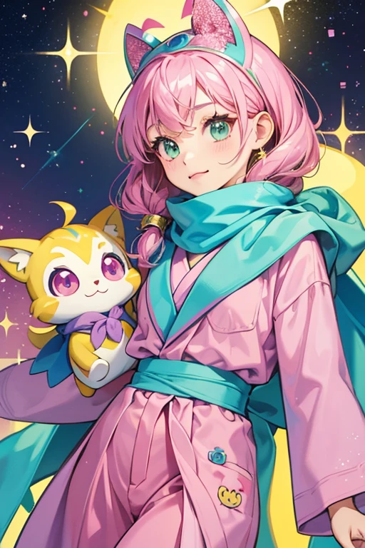 Mememi looks exactly like Memetchi, but wears clothes. This includes a pink scarf tied on her head, a blue and green robe tied with a pink sash, and brown pants. SPARKLE; GLITTER
