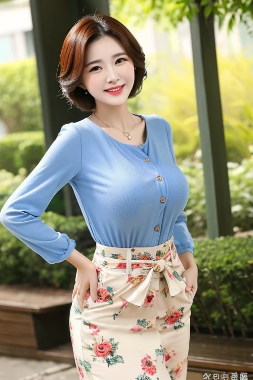 Beautiful old woman with beautiful body with slim waist with wide hips and big breasts dressed in mother clothes and smiling sexy