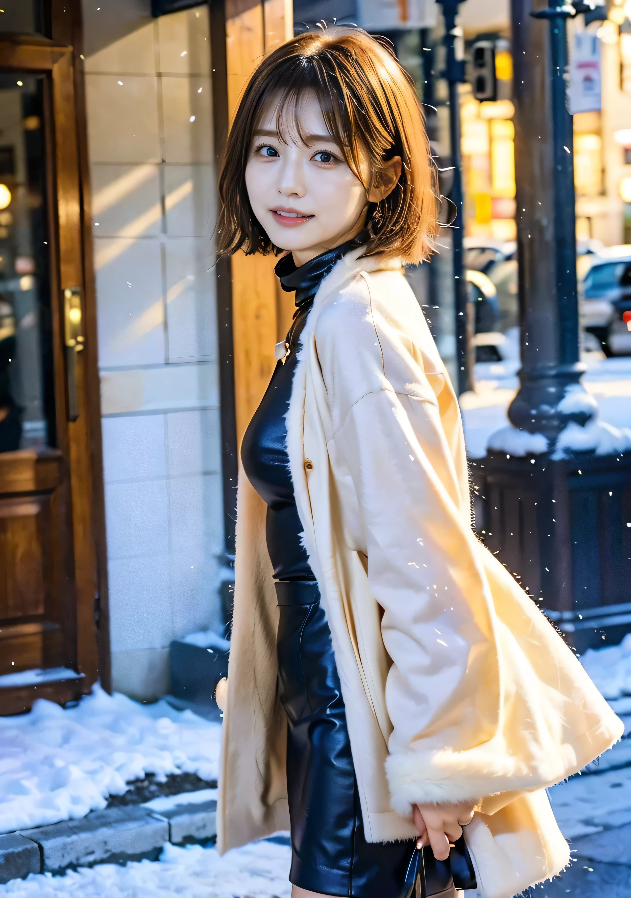 illumination、Outdoors in the city、Long eyelashes、Fur coat、Luxurious grey mink fur coat、Wearing leather boots、Luxury bags、Inner black turtleneck、Silver necklace and tiny silver earrings illionaire style:1.4))、Full body photo、smile、 Caustics、Highly detailed photos、Very beautiful woman 、Ample breasts、No makeup、(8k、RAW Photos、highest quality、masterpiece:1.2)、(Realistic、Realistic)、1 girl、((Medium Short Hair、Midwinter、Cold region Snow falling、The wind is blowing、Fluttering Hair、blur background、Colorful illumination、Looking into the camera:1.4))、
