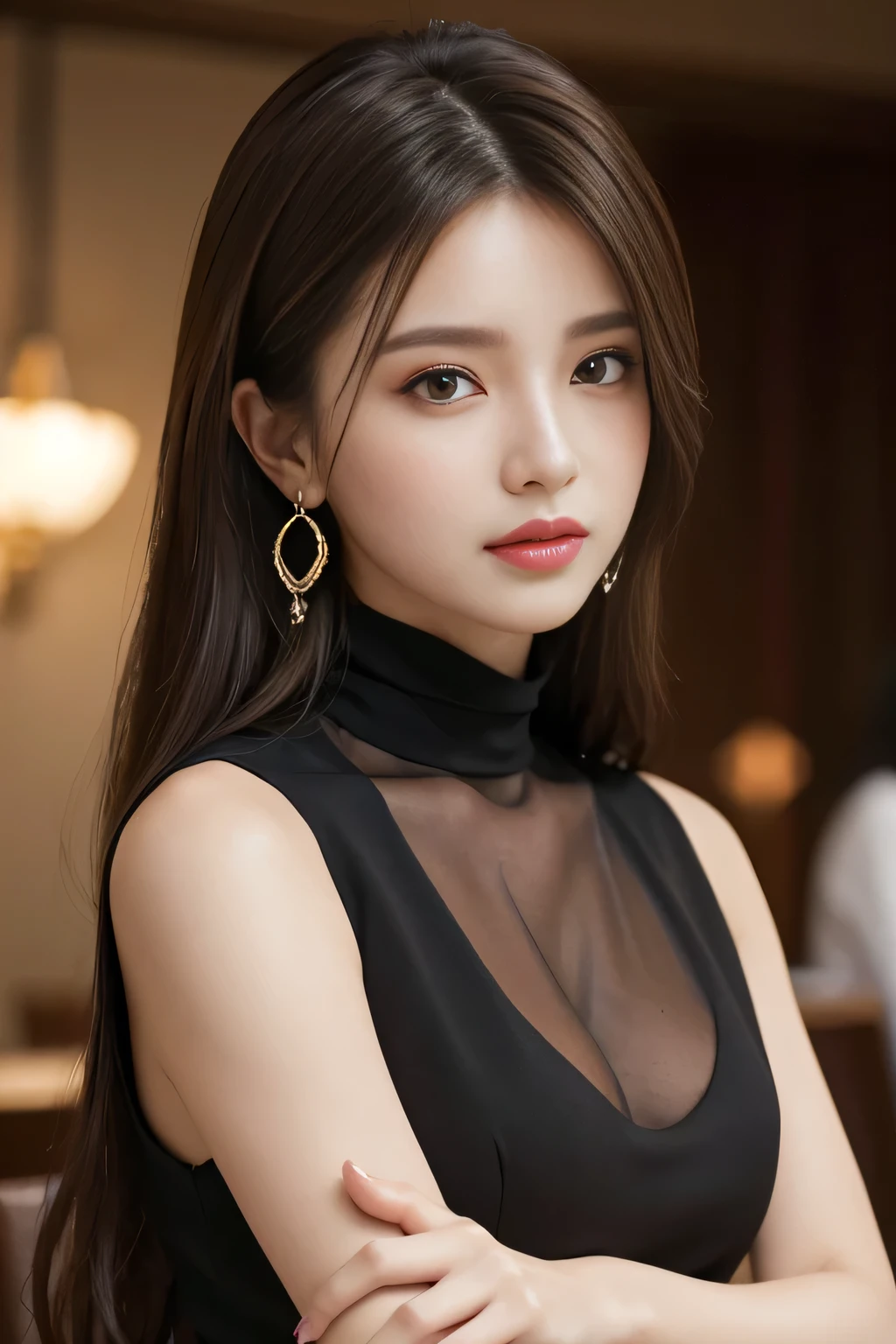 masterpiece, highest quality, Realistic, Very detailed, Finer details, High resolution, 8k wallpaper, One beautiful woman, Wear an elegant black see-through shirt, In a great restaurant, At night, Light brown messy hair, Perfect dynamic composition, Beautiful and beautiful eyes、Big earrings、Sleeveless shirt、