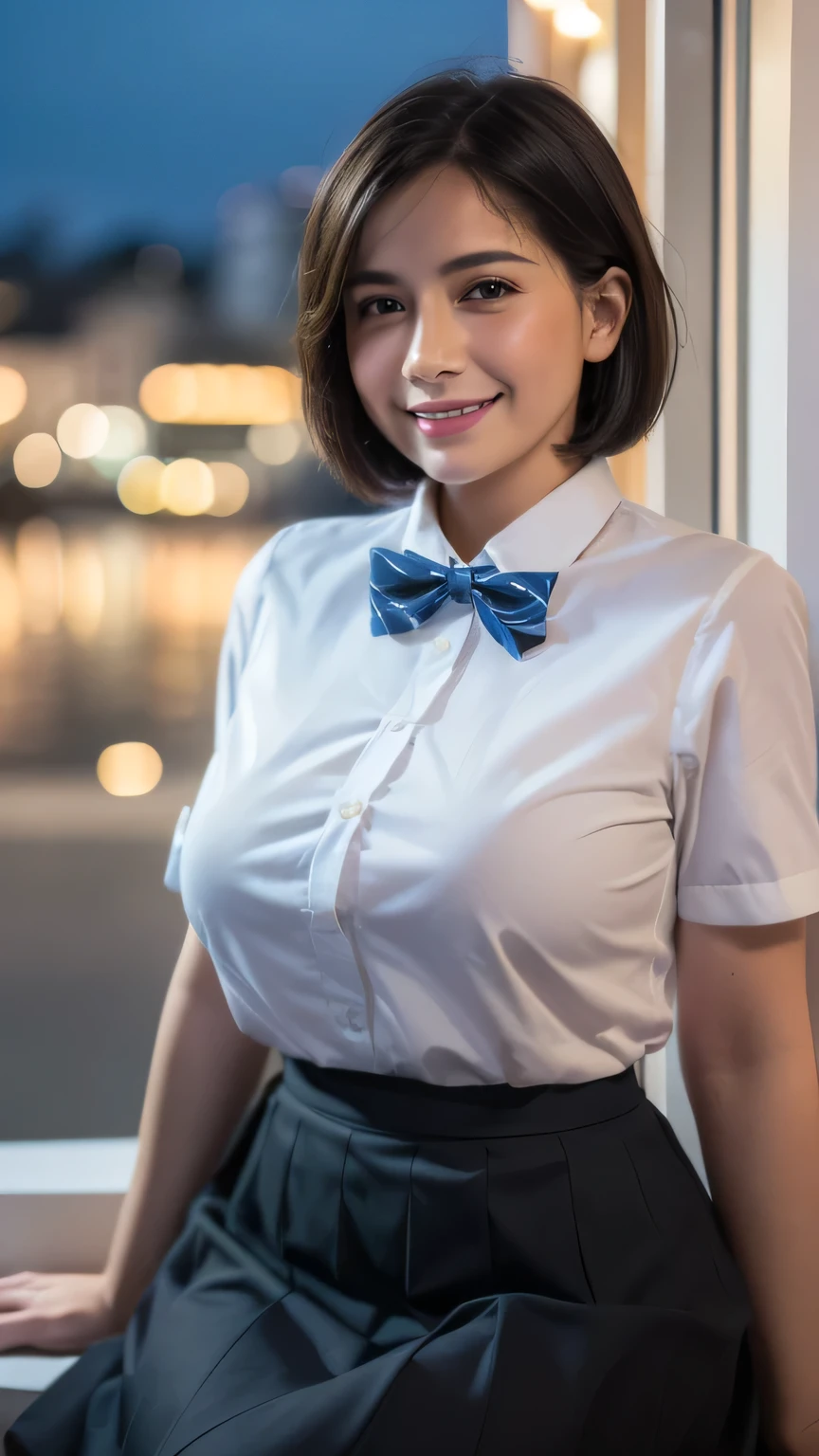 (8k, best quality, masterpiece:1.2), (sfw:1.3), (realistic, photo-realistic:1.37), ultra-detailed, 1 girl,cute, solo,beautiful detailed sky,detailed cafe,night,sitting,dating,(nose blush),(smile:1.1),(closed mouth) medium breasts,beautiful detailed eyes,(collared shirt:1.1), bowtie,pleated skirt,(short hair:1.2),floating hair