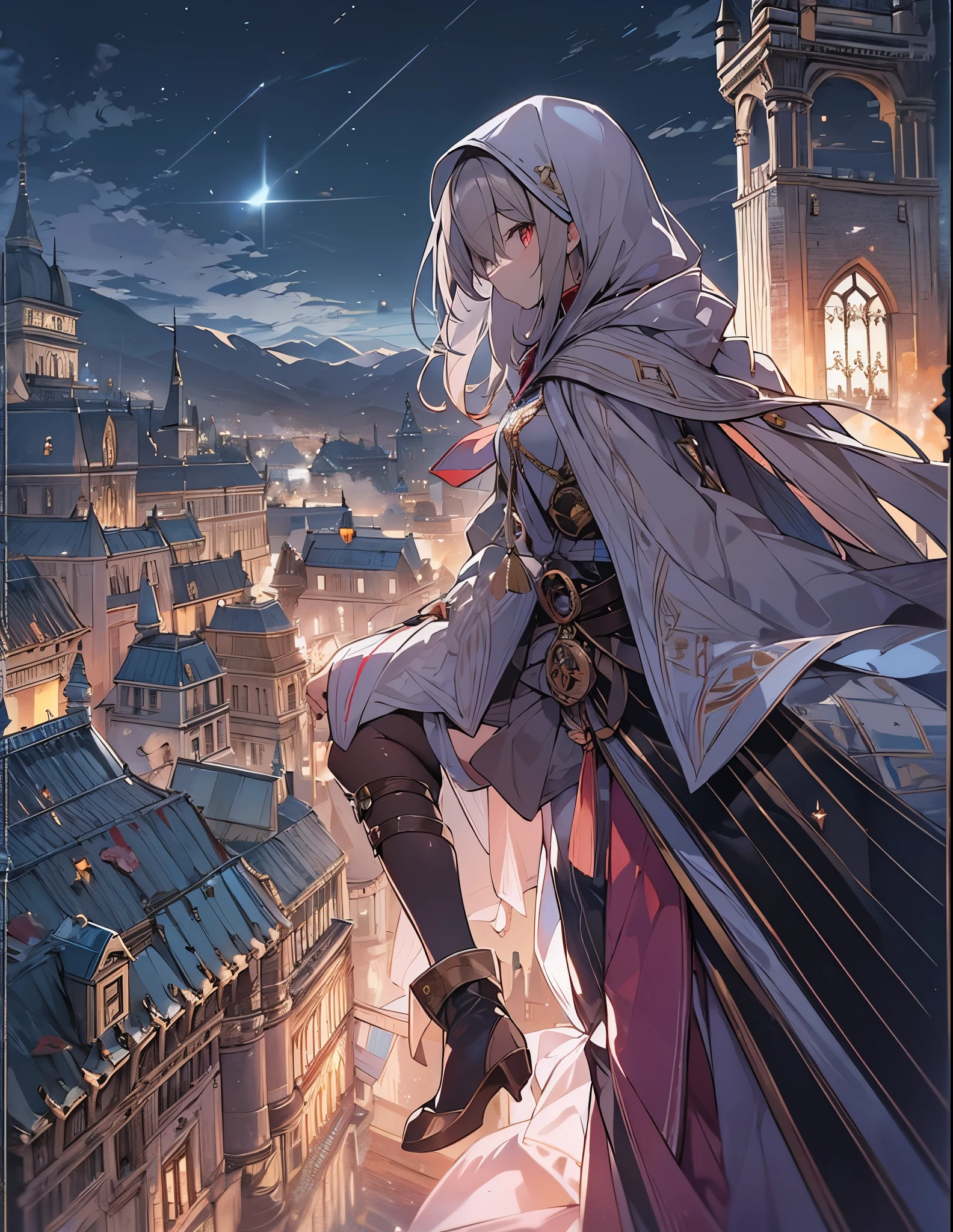 ((style:Colored pencil,pale colour))、Very detailed、(anime)、(masterpiece:1.2),atmospheric perspective,lens flare、Medieval European streets、Assassin girl standing on the roof of a building、Wearing a hood、cute、Red eyes、Your eyes shine in the moonlight、assassin girl、(Assassin's Costume)、Fantasy World