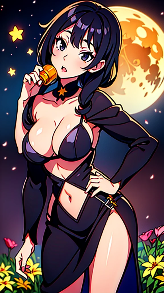 Portrait of anime woman, shoulder length black hair, black eyes, witchy clothes, goth, moon and stars, tiger lily flowers in background, potion bottles, kuudere, posing, sexy