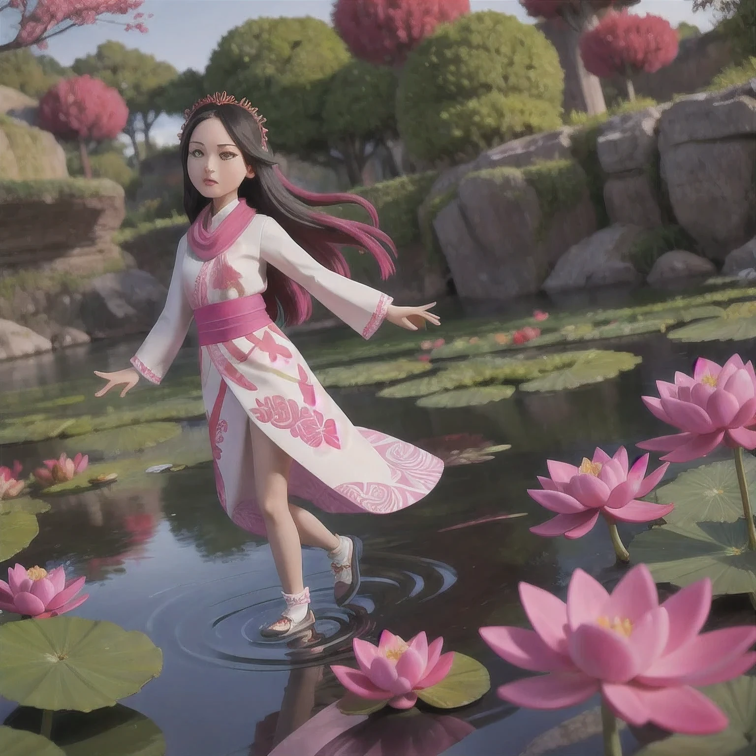 （Jay，HD，Ultra HD）long flowing dark hair，pond，Zidink， a color， （Concubine）， （Scarves）， Fighting Stance， Looking at the ground， Long gray hair， Flowing hair， Carp pattern headdress， Chinese style long sleeve clothing， （abstract ink splash：1.2）， Pink petals background，Pink and white lotus flowers flying（realistically：1.4），black hair，Fallen leaves fluttering，Background pure， high resolution， detail，photo， sharpie， Nikon film stock photo，do