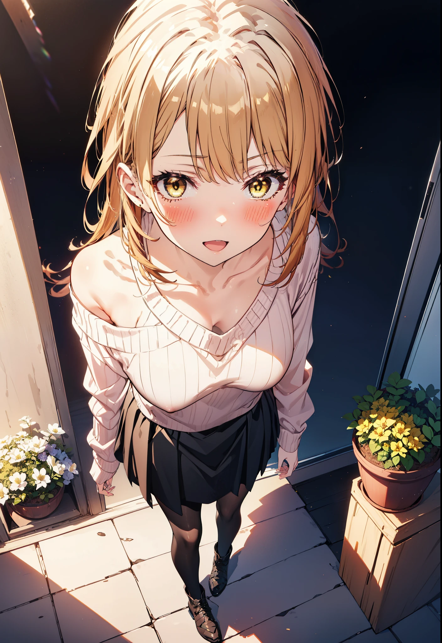 irohaisshiki, iroha isshiki, Long Hair, Brown Hair, (Brown eyes:1.5), happy smile, smile, Open your mouth,Yellow one-shoulder sweater,Black long skirt,Black Pantyhose,short boots,morning,morning陽,The sun is rising,whole bodyがイラストに入るように,walk,Building district,
break outdoors, balcony,Balcony, terrace, balcony, Embankment, Huge, Potted plants, Flowers in a vase,
break looking at viewer,whole body,
break (masterpiece:1.2), highest quality, High resolution, unity 8k wallpaper, (shape:0.8), (Beautiful details:1.6), Highly detailed face, Perfect lighting, Extremely detailed CG, (Perfect hands, Perfect Anatomy),